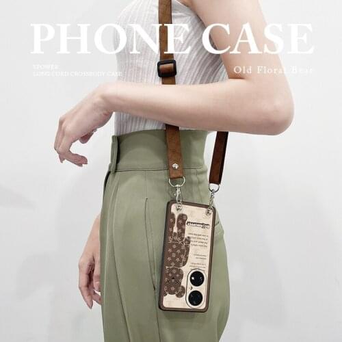 P50 Leather Teaxture Bear shell Diagonal span Rope Phone Case For Huawei P50 P50 Pro Cloth Strap Cord Chain Shockproof shell