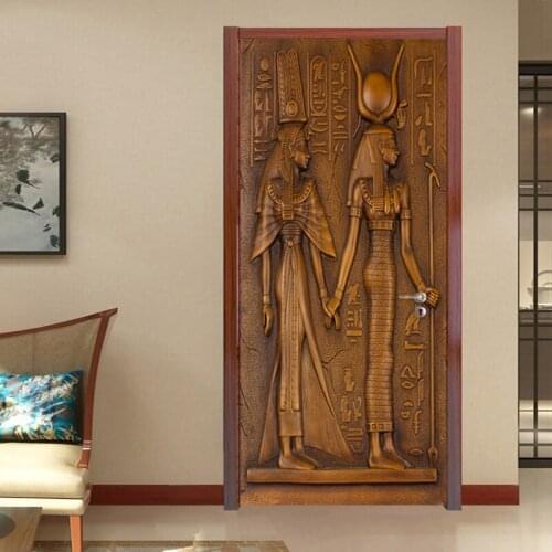 Door Sticker European Style Retro 3D Egyptian Sculpture Wallpaper Living Room Kitchen PVC Waterproof Home Decal Vinyl Door Mural