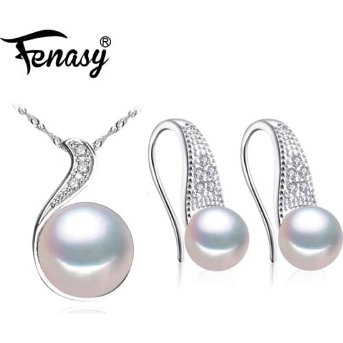 FENASY 925 Sterling Silver Jewelry Sets Natural Pearl Pendant Necklaces For Women Bohemian Stud Earrings With Stones