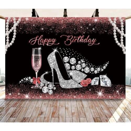 Woman Happy Birthday Party Backdrop Decor Glitter Purple Sliver Birthday Cake Table Background Rose Lady High Heels Photocall