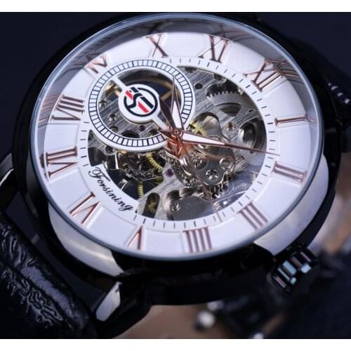 Forsining 3d Logo Design Hollow Engraving Black Case Roman Number Skeleton Watch Men Luxury Brand Mechanical Watch Clock Men