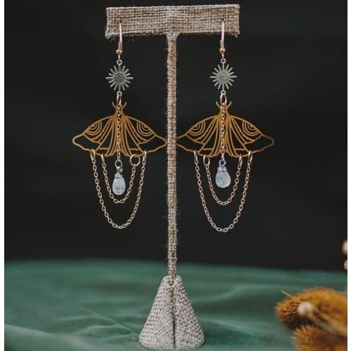 Moth with Moonstone Statement Dangles Hypoallergenic, Aesthetic Jewelry