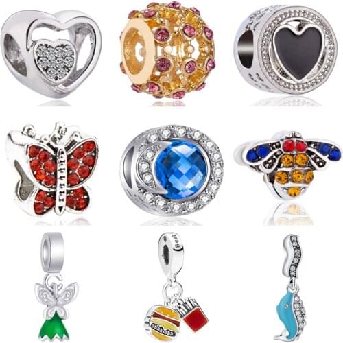 Crystal Animal Bee Bear Dolphin Butterfly Owl Hamsa Hand Pendants Beads Fit Original Pandora Charms Bracelets for Women DIY Gift