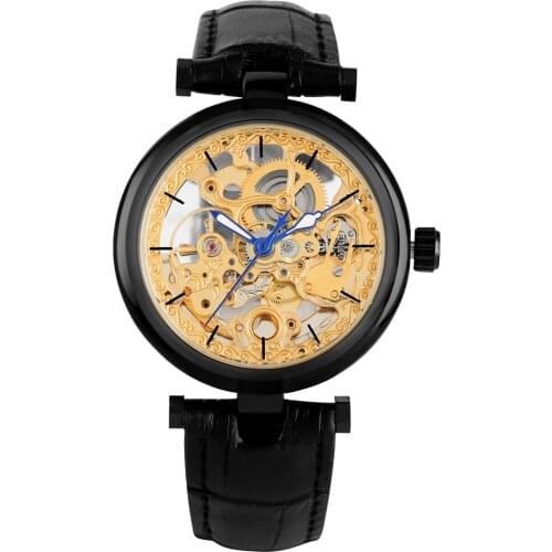 Exquisite Hollow-out Mechanic Watches Premium Black Genuine Leather Mechanical Wristwatch for Men Boys