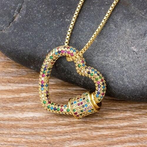 Classic Rainbow CZ Micro Pave Lock Carabiner Pave Lock Heart Shaped Copper Zirconia Clasp Necklace Jewelry Gift For Women Men