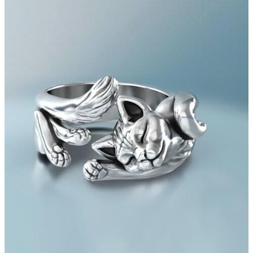 Cute Fortune Cat Shape Women Opening Rings Silver Color Dance Party Finger Ring Delicate Girl Gift New Fashion Jewelry Vintage