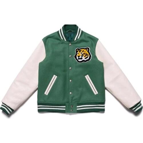 Hip Hop Varsity Jackets Men Baseball Coats Tiger Embroidery Fleece Cartoon Green Winter Autumn Harajuku Bomber Button Tracksuits