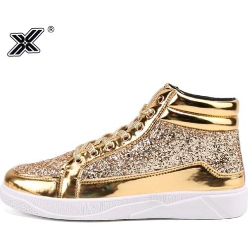 X Hot Fashion Golden Shiny Mirrors Mens Shoes Casual Club Bar Glitter Streetwear Hip hop High top Men Sneakers zapatos de hombre