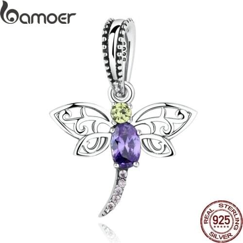 BAMOER 925 Sterling Silver Dragonfly Insects Purple Charms Pendants fit DIY Bracelets for Women S925 Fine Jewelry SCC048