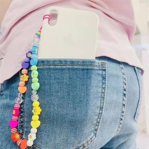 Wrist Chain for Phone Holder Summer Beach Phone Chains Cute Resin Striped Strap Women Colorful Polymer Clay Heishi Beads Lanyard