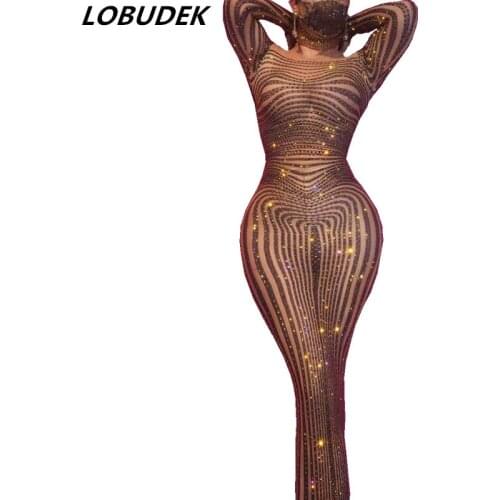 Luxury Elegant Birthday Prom Rhinestones Long Dress Striped Sleeve Elastic Skinny Crystal Outfit Evening Party Nightclub Costume