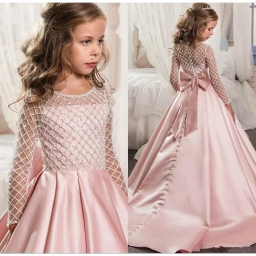 Pink satin applique Rhinestone Flower Girl Dresses For Wedding Special Occasion Dress Girls First Communion Gowns
