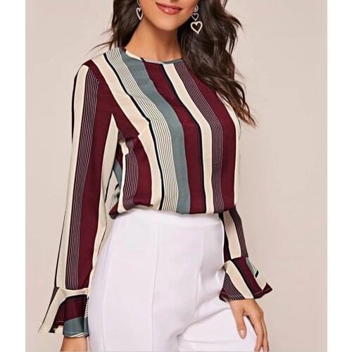 Shirt Silk Blouses Long-sleeve 2021 Womens Casual Striped Flare Sleeve Long Sleeve Chiffon Shirt Tops Blouse Женское Пла