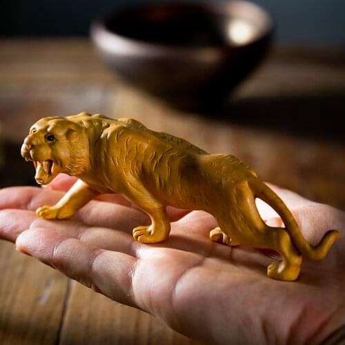 Boxwood 13cm 17cm Tiger Sculpture Wood Carving Beast Lucky Animal Home Decor
