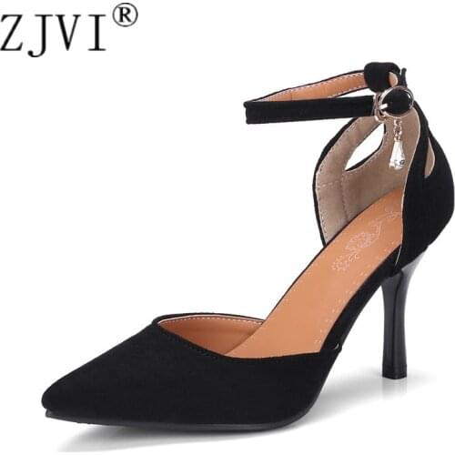 ZJVI Woman Fashion Thin High Heels Sandals Women Summer Shoes 2020 Womens Female Ankle Strap Pointed Toe Suede Nubuck Sandal