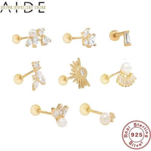 AIDE 1 Pc Geometric Zircon/Pearl Stud Earrings For Women Mini Cute INS Piercing 925 Sterling Silver Earings Fine Jewelry brincos
