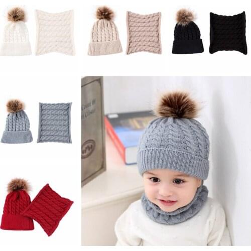 Nishine 2pcs/set Lovely Children Kids Winter Warm Knitted Cap Scarf Sets Crochet Pompom Baby Girls Hat Clothing Accessories
