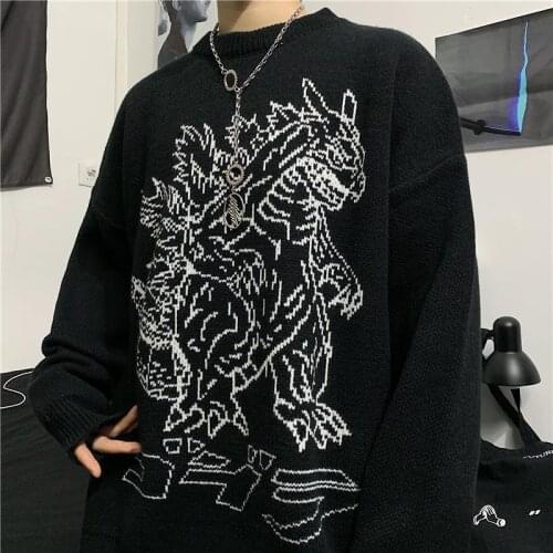 Harajuku Black Sweater Women Men Retro dragon Knitted Jumper Oversize Pullover Hip Hop Streetwear 2021 Autumn Sweaters Gothic