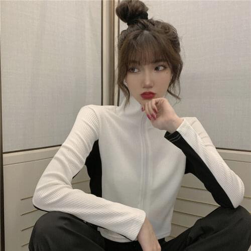 Woman Sweaters Chandails Contrast Color Knitted Long Sleeve Cardigan Turtleneck Womens Autumn Gas Zipper Short Jacket