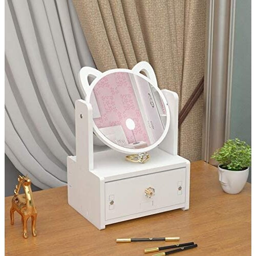 Rotate Wooden Cute Make-up Mirror DIY Installation Assembly Desk Dressing Mirror Women Portable Large Cosmetic Storage Box Shelf