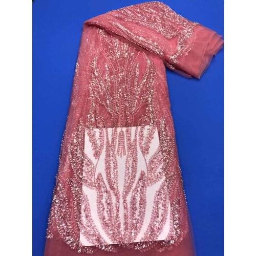 High Quality Lace Fabric Bead Tube Sequins Embroidery Africa Nigeria Tulle Mesh Sewing Wedding Dress Skirt 5 Yards Wholesale