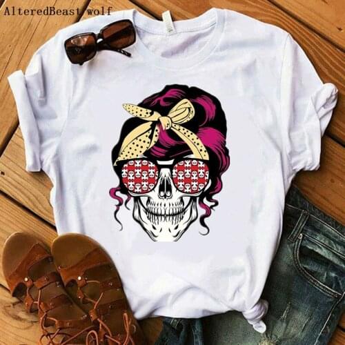 Women Skull Mama Bandana T-shirt Fashion Mom Skull Panda Glasses printed Cute Tshirt Female Cartoon Short Sleeve Funny T Shirt