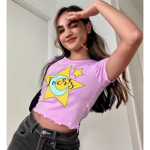 Womens Summer Crop Tops Short Sleeve Moon Star Letter Print Lettuce Hem Slim Fit Tee Shirts