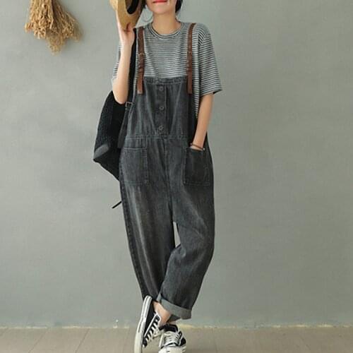 Fairy Natural Spring Autumn Women Cotton Loose Jumpsuits New 2021 Ladies Pocket Button Retro Casual Denim Overalls Rompers