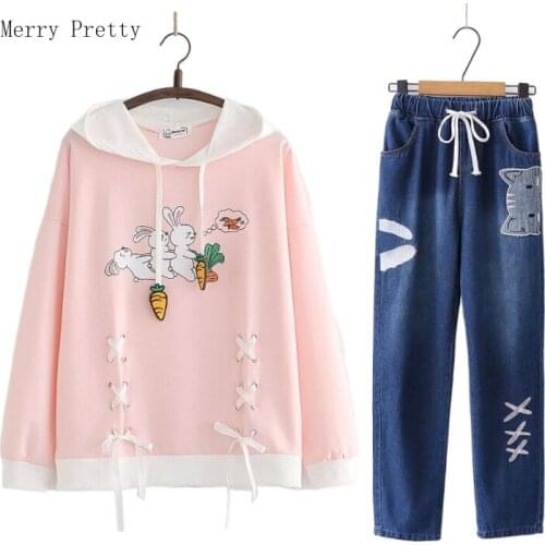 Women Casual Sets Pant Sets Cartoon Print Lace Up Hooded Sweatshirts With Embroidery Denim Pants Tracksuit Suit Spring Clothing