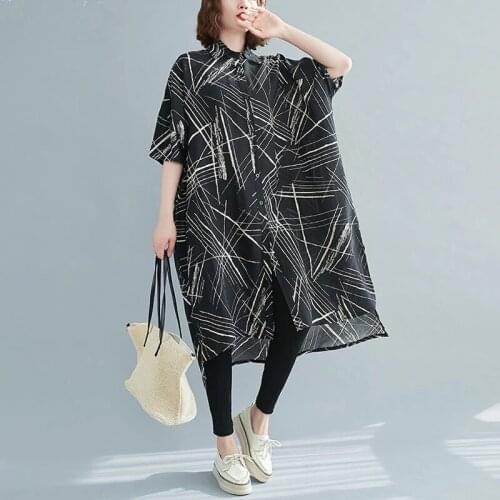 2021 Plus Size Women Shirt Dress Female Sundress Vintage Linen Striped Print Cardigan Big Korean Oversize Summer Dresses