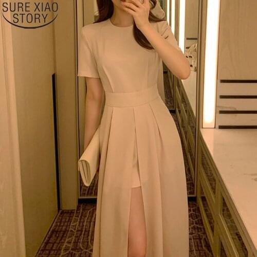 2021 Korean Chic Summer New Simple Split Short Sleeve Slim Midi Long Chiffon Dresses Women Elegant Party Dress Vestidos 15235