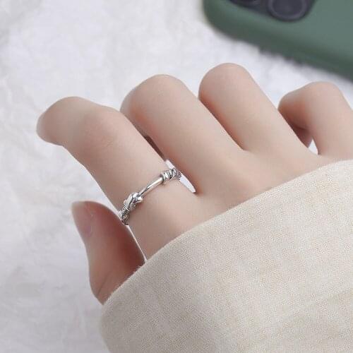 Vintage Distressed Rope Bowknot Chain 925 Sterling Silver Adjustable Ring For Women Fashion Geometric Minimalist Jewelry Gifts