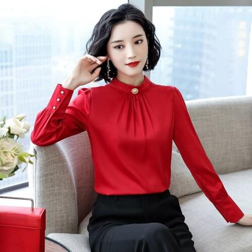2019 summer new chiffon women blouse and shirts solid pearl beaded lantern sleeved office lady elegant shirts outwear tops