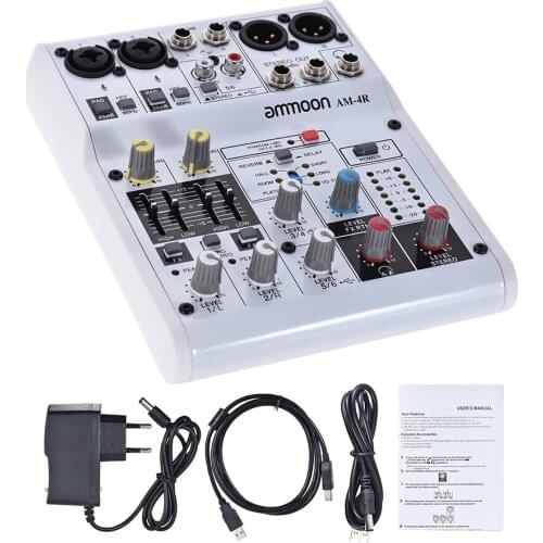 Ammoon 6-Channel Audio Mixer Digital Mixing Console Built-in 48V Phantom Power Powered by 5V Power Bank with Adapter USB Cables