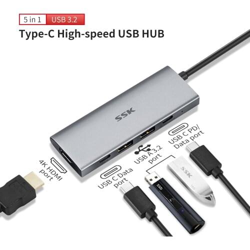 SSK USB C 10Gbps Hub, 5-in-1 Type C Multiport Adapter, USB 3.2 High Speed Dock for iPad Pro/iMac/MacBook/Pro/Air/Surface Pro