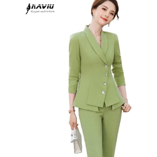 Busiess Temperament Women Suits Fruit Green Spring New Fashion Slim Blazer Aand Pants Office Ladies Formal Work Wear Black