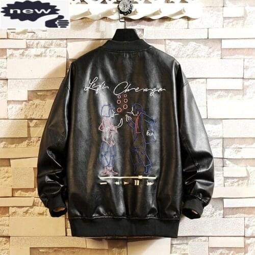 Autumn New Mens Oversized Bomber Jacket Harajuku Embroidery Loose Fit Pu Leather Jackets Fashion Streetwear Tops Hip Hop Coat