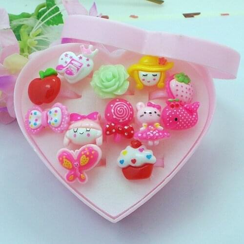 ISINYEE Cute 12PC/set Mix Flower Heart Animal Cartoon Rings For Baby Kids Girl Childrens With Display Box Best Friend Gifts