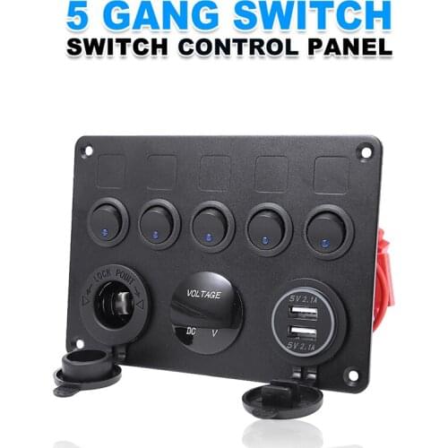 1pc Car 5 Gang 12V 15A Multi-functions Switch Panel ON-OFF Toggle 2 USB Voltmeter Cigarette Lighter Socket With Label Sticker