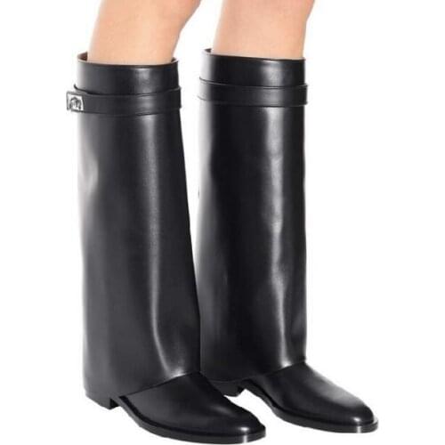 Moraima Snc High Quality Leather Flat Riding Boots for Woman Round Toe Knee High Motorcycle Boots Fashion Shoes Black