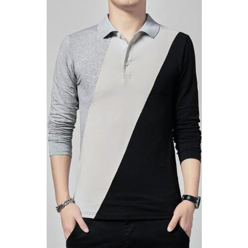 BROWON Fashion Pantchwork T Shirts Men Turn-Down Collar Long Sleeved T-Shirt Cotton Autumn Korean Style Slim Fit T-Shirt for Men