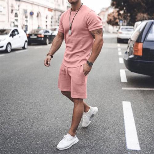 Mens Casual Cotton Short-sleeved T-Shirt Shorts 2-piece Suit 2021 Summer Mens Suit Cotton Fabric Casual Sportswear Slim