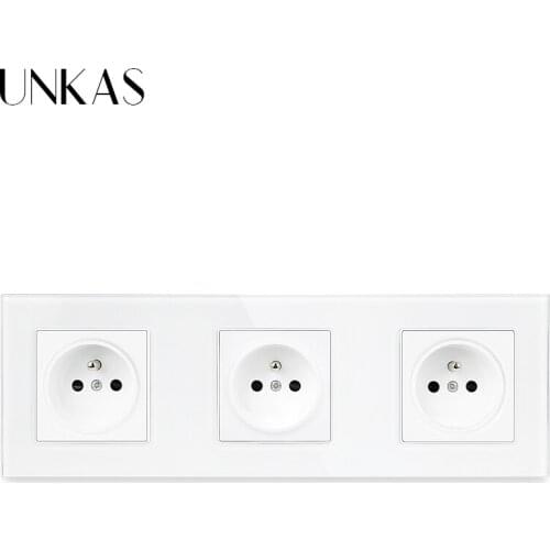 UNKSA 16A French Standard Wall Power 3 Gang Gray Socket 258MM * 86MM Plug Grey Tempered Crystal Glass Panel Electrical Outlet