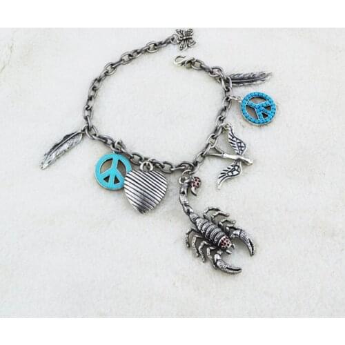 Punk Gothic Bracelet Scorpion & Anti-war Symbol & Peach Heart Charm Multi-Pendant Bracelets For Women Men Hand Jewelry VGH004