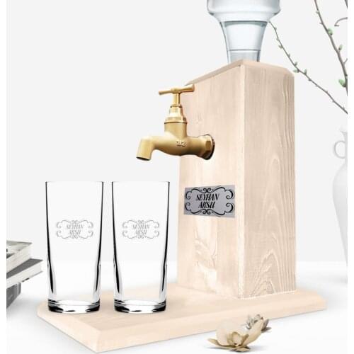 Personalized Dual Arrack Cup and Tap Natural Wood Rack Stand-Wood Souvenir Valentine Fun Night Alcohol Special