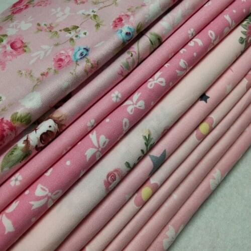 Pretty 10pcs Mixed Light Pink Flower Bowknot Crown Fivestar Printed 100% Cotton Fabric 24x25cm Small Size Bundle For DIY Sewing