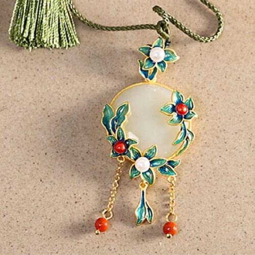 Vintage 925 Sterling Silver Gold Plated White Jade Cloisonne Pendant Fine Jewelry Women Gemstone Pendants Without Chain 2021 New