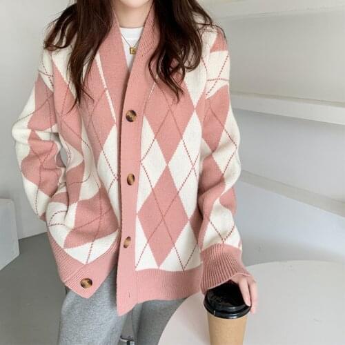 Knitted Sweater Cardigan Woman Coat Diamond Sweater Jumpers Long Sleeve Top Female Loose Pink Black Argyle Cardigan Women Antumn