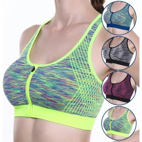 High Stretch Breathable Gradient Color Sports Bra Chest Zipper Tops Women Running Yoga Gym Seamless Crop Bra Vest