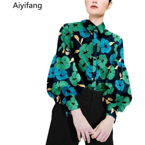 European Elegant Spring Female Vintage Printed Floral Shirts Runway Women Loose Lantern Long Sleeve OL Work Blouses Tops Clothes
